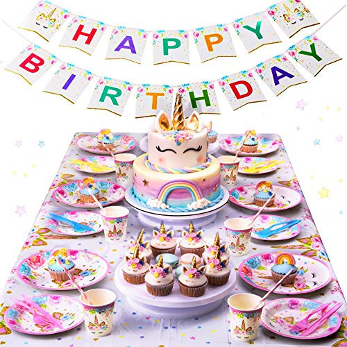 Unicorn Party Birthday Supplies Kit - Serves 16 - Set Happy Birthday Banner Cake Topper Candle s Goody Bags Napkins Plates Cups Utensils Table Cloth Unicorn Party Birthday Supplies Kit - Serves 16 - Set Happy Birthday Banner Cake Topper Candle s Goody Bags Napkins Plates Cups Utensils Table Cloth