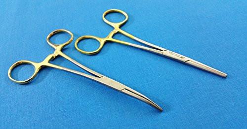 2 PCS GOLD HANDLE PREMIUM QUALITY KELLY HEMOSTAT FORCEPS STRAIGHT + CURVED 5.5" ( HTI BRAND)