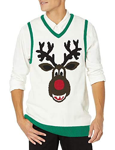 Ugly Christmas Sweater Company Men's Assorted Xmas Themes Sweater- Cream Reindeer Vest- Medium