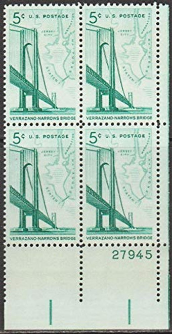 USA 1964 Verrazano-Narrows Bridge Plate Block of 4 Postage Stamps- Catalog No 1258 USA 1964 Verrazano-Narrows Bridge Plate Block of 4 Postage Stamps- Catalog No 1258