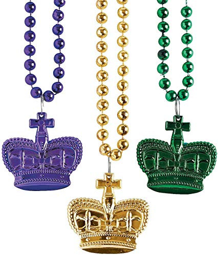 3 Pack Mardi Gras Bead Necklaces with Crown Pendant for Mardi Gras Party
