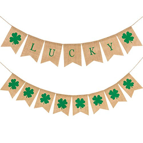 Tatuo 2 Pieces St Patrick's Day Banner Garland Lucky Irish Shamrock Burlap Banners Four Leaf Bunting for St. Patrick's Day Decorations