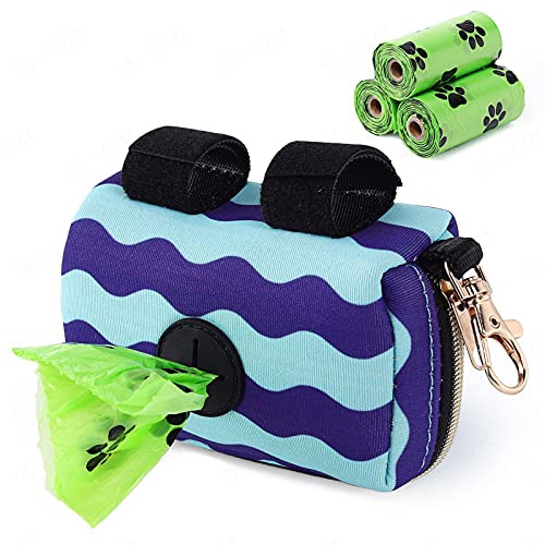 Dog Poop Bag Holder- Waste Bag Dispenser Small Poop Bag Pouch for Dog Leash Attachment- includes 3 Free Rolls Leakproof Poop Waste Bags -Wave-