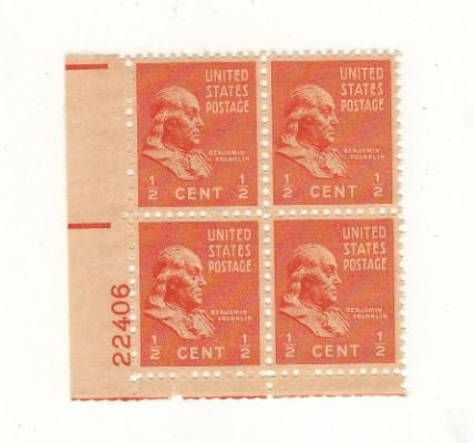 US postage MNH plate block of 4 stamps-1938 Franklin 1/2c orange - Catalog  803