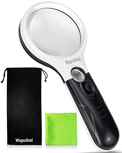 Wapodeai Magnifying Glass with Light- Large Magnifying Glasses- Handheld 3X 45X High Magnification- Magnifying Glass for Reading- Suitable for Lnspection- Crafts- Jewellery- Coins.