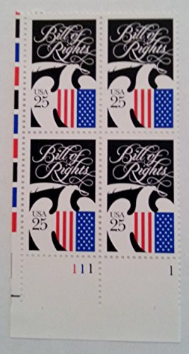 25-cent inchBill of Rightsinch U.S. Postage Stamps- C. 1989- Scott No. 2421 Block of Four Commemorative Stamps Showing the Eagle and Flag- Bicentennial of the Bill of Rights