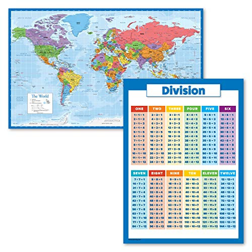 2 Pack - World Map Poster -Blue Ocean-  and  Division Math Chart -Laminated- 18inch x 24inch-