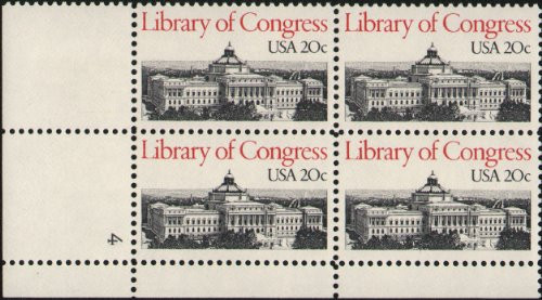 LIBRARY OF CONGRESS ~ THOMAS JEFFERSON BUILDING 2004 Plate Block of 4 x 20¢ US Postage Stamps
