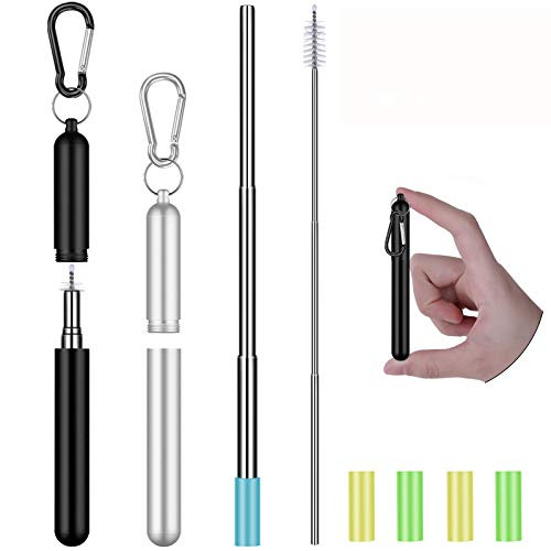 Collapsible Reusable Straws Stainless Steel- Telescopic Metal Straws Drinking Straw with Portable Travel Case- Keychain- Cleaning Brush- Silicone Tips- 2 Pack -Black  and  Sliver-