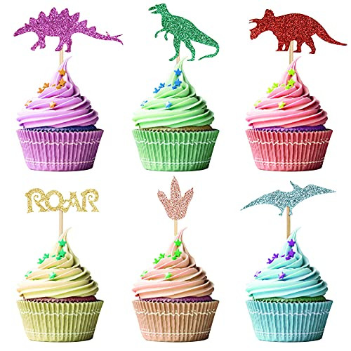 24Pcs Glitter Dinosaur Cupcake Toppers Picks- Bright Dinosaur Cupcake Decorations for Boys Kids Birthday Party- Dino Themed Party- Baby Shower
