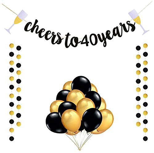 Black Glittery Cheers to 40 Years Banner with 12inch Gold Black Balloons for 30th Birthday Party Wedding Anniversary Party Decorations (40th)