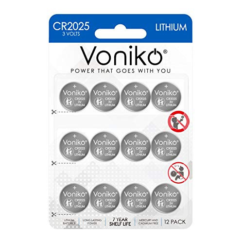 VONIKO 3 Volt CR2025 Battery -12-Pack-  CR 2025 Button Cell Battery  2025 Lithium Coin Batteries- 7 Years Shelf Life