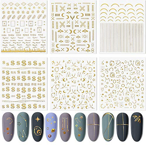 Gold Nail Art Stickers 6Sheets 3D Self-Adhesive Nail Stickers for Nail Art Nail Art Supplies Moon Star Sun Designs Gold Color Nail Decal For Acrylic Nails Decorations Manicure Tips Accessories