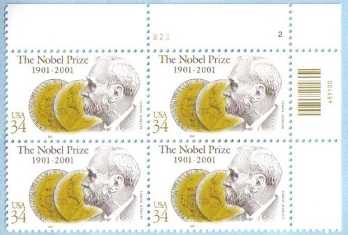 ALFRED NOBLE ~ THE NOBEL PRIZE 3504 Plate Block of 4 x 34 cents US Postage Stamps ALFRED NOBLE ~ THE NOBEL PRIZE 3504 Plate Block of 4 x 34 cents US Postage Stamps