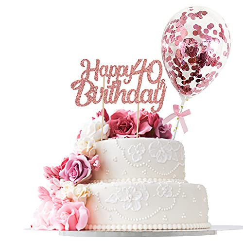 Kederwa 40th Birthday Cake Topper- Rose Gold Happy 40th Birthday Cake Topper and Balloon Cake Topper for Women Birthday Cake Decorations