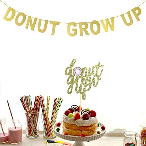 Donut Grow Up Banner and Donut Grow Up Cake Topper Gold Glitter Donut Theme for Baby Shower Kids Birthday Party Decorations