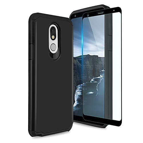 TJS Phone Case Compatible with LG Stylo 5/LG Stylo 5 Plus/LG Stylo 5V/LG Stylo 5X- -Full Coverage Tempered Glass Screen Protector- Dual Layer Hybrid Shockproof Impact Cover -Black-