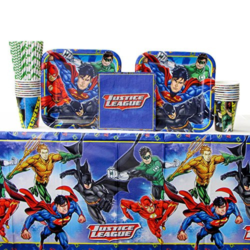 DC Comics Justice League Superheros Birthday Party Supplies Pack Bundle for 16 Guests - Straws, Dessert Plates, Beverage Napkins, Cups, and Table Cover