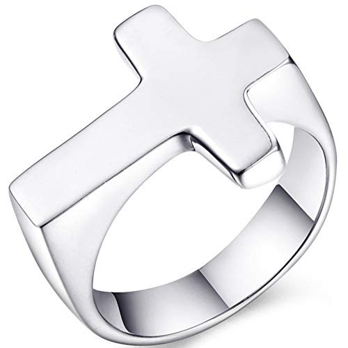 Stainless Steel Christian Sideways Cross Signet Style Ring -Silver- 5- Stainless Steel Christian Sideways Cross Signet Style Ring -Silver- 5-