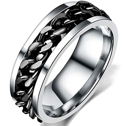 8mm Stainless Steel Chain Inlay Wedding Band Biker Ring -Black- 6-