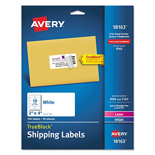 Avery 18163 Shipping Labels with TrueBlock Technology- Inkjet- 2 x 4- White- 100/Pack