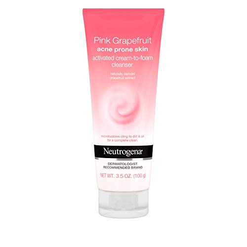 Neutrogena Pink Grapefruit Activated Cream-to-Foam Acne Facial Cleanser with Naturally-Derived Grapefruit Extract for Acne Prone Skin- Oil-Free  and  Non-Comedogenic Daily Acne Fighting Face Wash- 3.5 oz