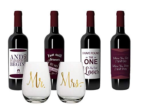 Slant Mr. & Mrs Stemless Wine Glass Set and RLT Brand Wedding Wine Bottle Labels Bundle Slant Mr. & Mrs Stemless Wine Glass Set and RLT Brand Wedding Wine Bottle Labels Bundle