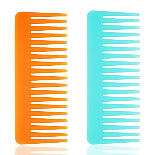 Wide Tooth Comb for Curly Hair Wet Dry Hair- No Handle Detangler Comb Styling Shampoo Comb -Cyan- Orange 2 Pieces-