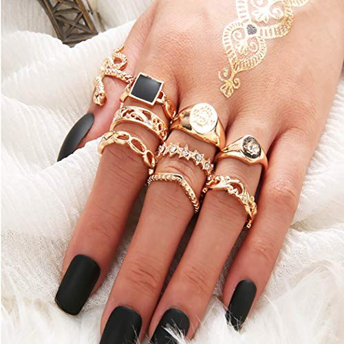 Woeoe Boho Crystal Stackable Rings Rhinestone Gold Joint Nail Ring Sets Vintage Snake Knuckle Midi Rings Set for Women and Girls-9PCS-