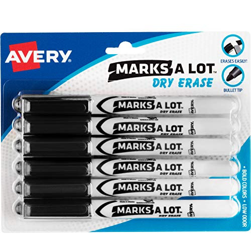 Avery Marks A Lot Dry Erase Markers- Low Odor White Board Markers with Bullet Tip- 6 Black -24483-