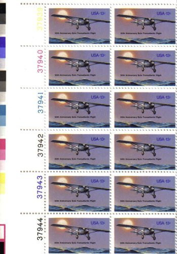 1977 LINDBERGH FLIGHT - SOLO TRANSATLANTIC ~ SPIRIT OF ST LOUIS 1710 Plate Block of 12 x 13¢ US Postage Stamps