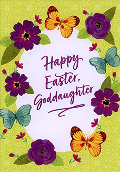 Designer Greetings Purple Flowers- Blue and Yellow Butterflies Bordering White Egg Goddaughter Easter Card Designer Greetings Purple Flowers- Blue and Yellow Butterflies Bordering White Egg Goddaughter Easter Card