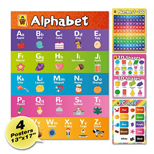4 Pack Educational Posters for Kindergarten Homeschool Supplies Poster- PreK Learning Chart Classroom Decor ABC Alphabet- Shapes- Number 1-10- Colors -Laminated 13 x 17 inch-
