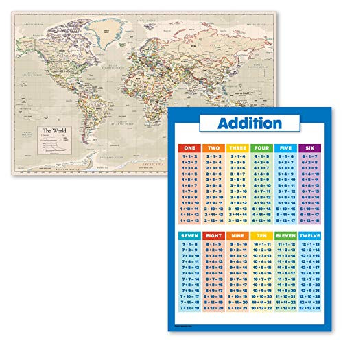 2 Pack - Antique Style World Map Poster  and  Addition Math Chart -Laminated- 18inch x 24inch-