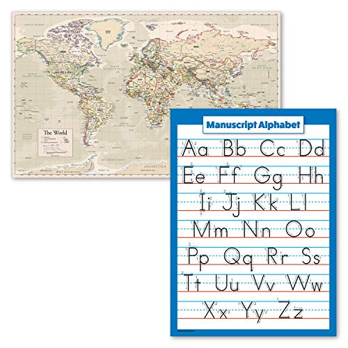 2 Pack - Antique Style World Map Poster  and  Manuscript Handwriting ABC Alphabet Chart -Laminated- 18inch x 24inch-