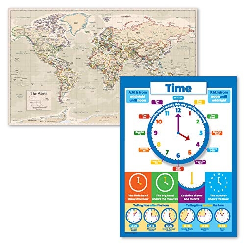 2 Pack - Antique Style World Map Poster Plus Learning to Tell Time Chart for Kids -Laminated- 18inch x 24inch-