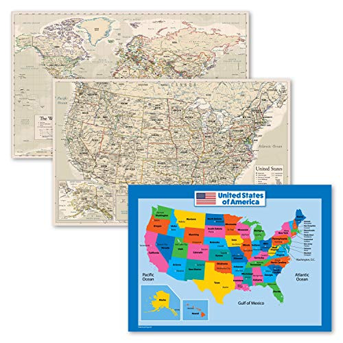 3 Pack - Antique Style World  and  USA Map Poster Set Plus USA Map Chart for Kids -Laminated- 18inch x 29inch-