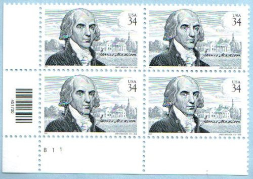 JAMES MADISON ~ U.S. CONSTITUTION ~ BILL OF RIGHTS 3545 Plate Block 4 x 34¢ US Postage Stamps
