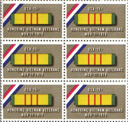 VIETNAM VETERANS ~ SERVICE RIBBON 1802 Block of 6 x 15¢ US Postage Stamps VIETNAM VETERANS ~ SERVICE RIBBON 1802 Block of 6 x 15¢ US Postage Stamps