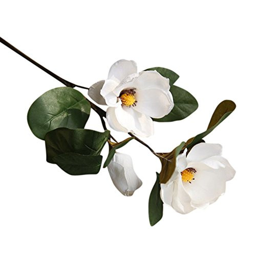 Fake Flowers- Magnolia Long Branch Flower Artificial PE Fake Flowers Rose Floral Wedding Bouquet Bridal Hydrangea Decor -White-