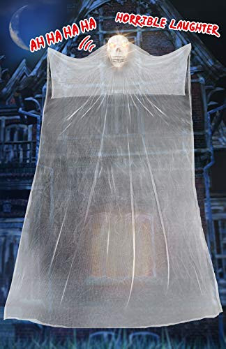 Heyzeibo 10.8ft Halloween Hanging Ghost - Scary Creepy Hanging Flying Gauze Ghost with Skeleton Mask - Halloween Props Toys Haunted House Decoration for Halloween Party Indoor/Outdoor Decor -White-