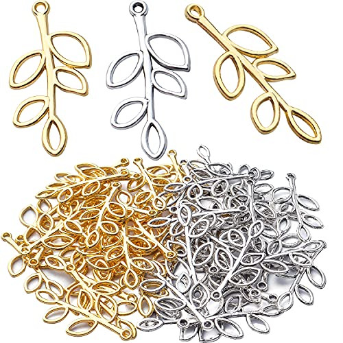 50pcs Hollow Leaf Charms Pendants Tibetan Alloy Tree Leaves Charm Branch Charms Beads for Jewelry Making DIY Bracelet Necklace- Gold and Antique Silver