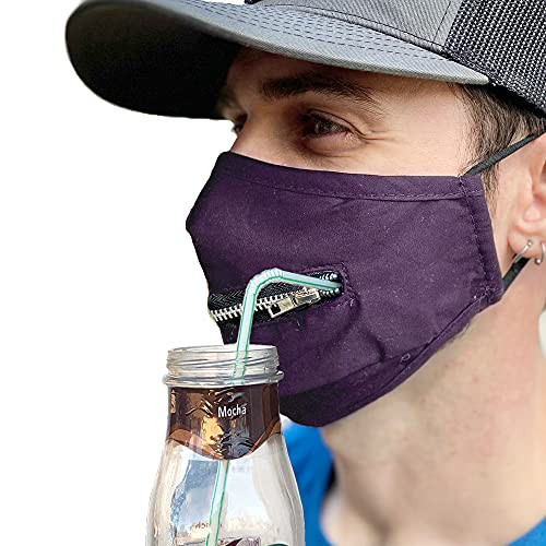 Cleanbreath Reusable Triple Layers Cloth Mask with Zipper for Drinking and Eating -Purple-