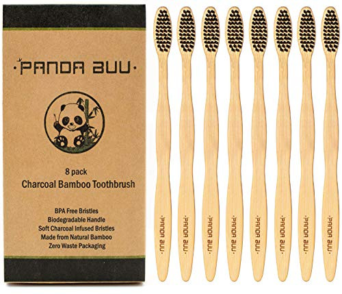 Natural Bamboo Toothbrush with Soft-Medium BPA Free Charcoal Infused Bristles | 8 Pack | Eco-Friendly Toothbrush and Biodegradable Handle