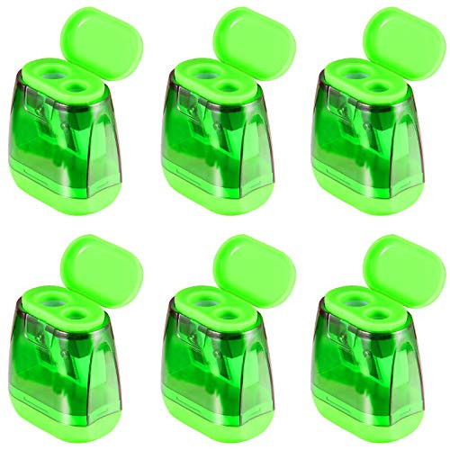 Manual Pencil Sharpeners- 6PCS Dual Holes Sharpener with Lid for Kids- Handheld Pencil Sharpener for School Home Office Supply Green