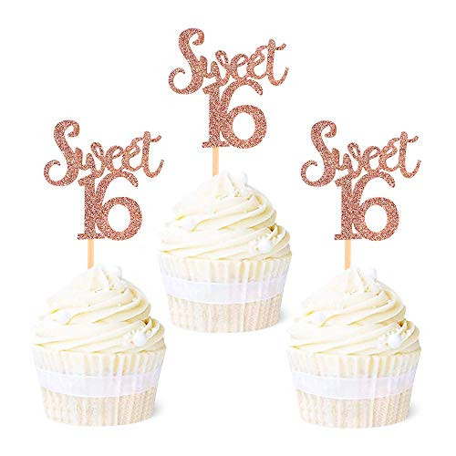 Ercadio 24 Pack Sweet 16 Cupcake Toppers Rose Gold Glitter Sixteen Cake Picks Kids 16th Birthday Anniversary Party Cake Decorations