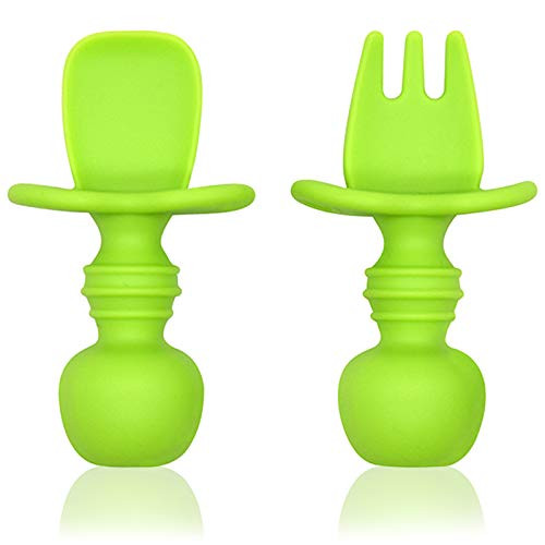 Acehome Baby First Self Feeding Spoon Fork Set- Infant Silicone Training Utensils Gum Friendly with Anti Choke Barrier for Baby Led Weaning- Stage 1 for Ages 6 MonthsPlus- Green