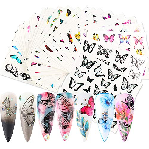 Butterfly Nail Art Decals Sticker Nail Butterfly Water Transfer Stickers Set Holographic Colorful Butterfly Nail Decals Manicure Transfer Tips Nail Art DIY Nail Art -30 Sheets-