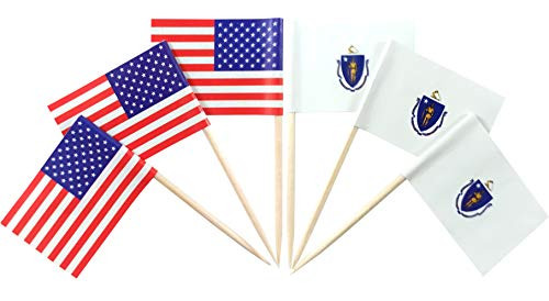 JBCD 200 Pcs American and Massachusetts Flag Toothpicks Massachusetts State Flags Cupcake Toppers Decoration- Cocktail Toothpick Flag USA Cake Topper Picks Mini Small Flag Cupcake Pick Sticks