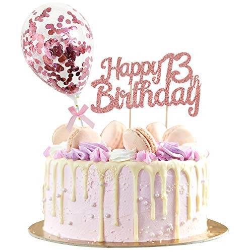 Kederwa 13th Birthday Cake Topper for Girls- Rose Gold Happy 13th Birthday Cake Topper and Balloon Cake Topper for 13th Birthday Cake Decorations